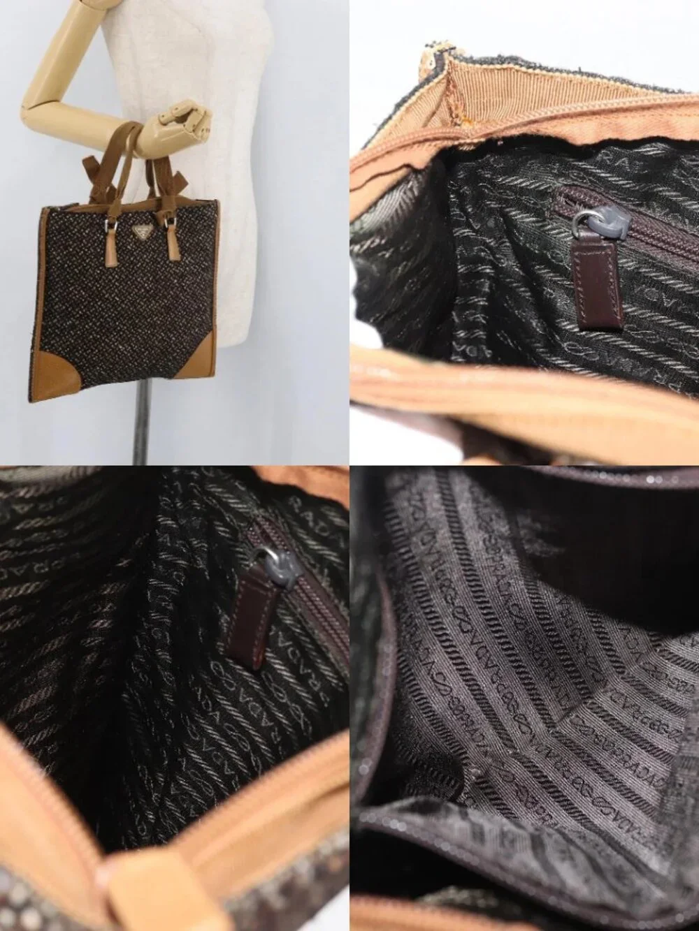 PRADA Hand Bag Canvas Brown Silver Auth 175566A